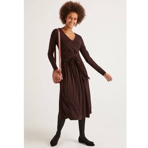 Boden Fern Print Jersey Midi Dress 12R Black Tie Waist Long Sleeve Fall Stretchy